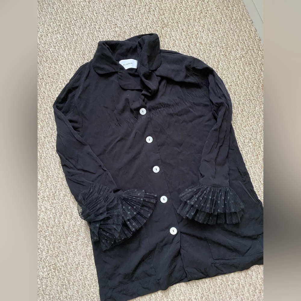 SLEEPER PARTY PAJAMA TOP TULLE TRIM BLACK BUTTON DOWN LARGE - Picture 3 of 4